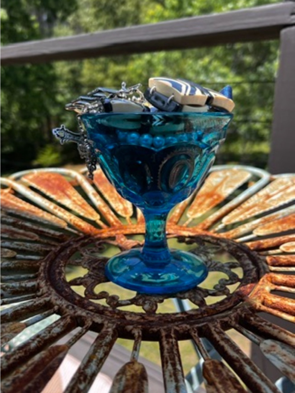 Mystery Jewelry Lot with Blue Glass Pedestal Dish Craft Resale Bundle